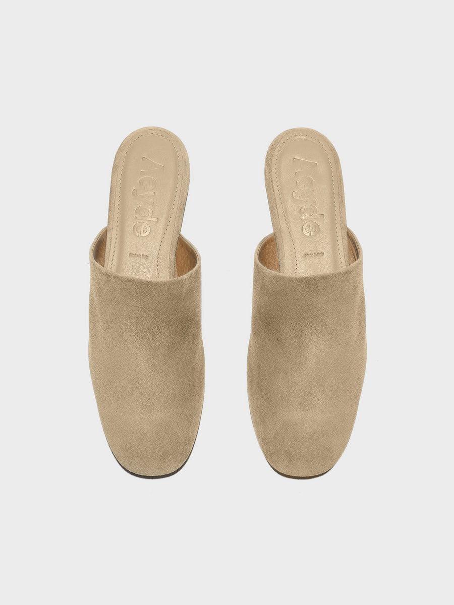 Aeyde | Rega Leather House Slippers for Women | Sand Suede | Round Toe | Flat Heel | Front View