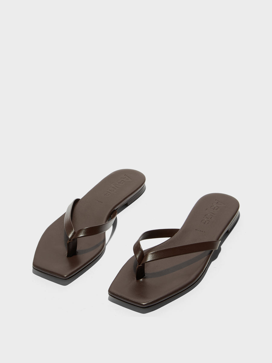 Aeyde | Renee Leather Flat Sandals for Women | Moka Nappa | Square Toe | Flat Heel | Luxury Materials | Handmade in Italy