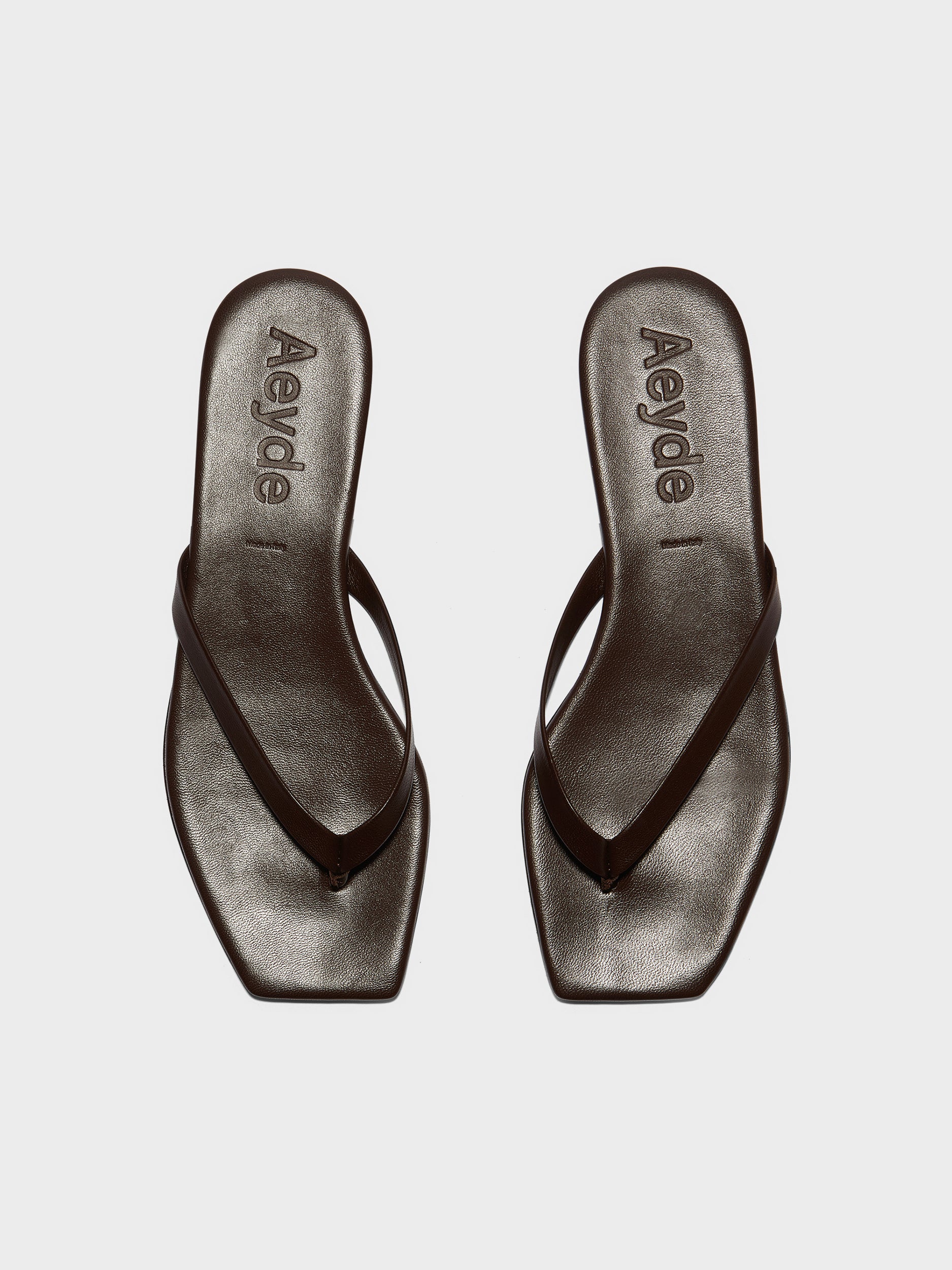 Aeyde | Renee Leather Flat Sandals for Women | Moka Nappa | Square Toe | Flat Heel | Front View
