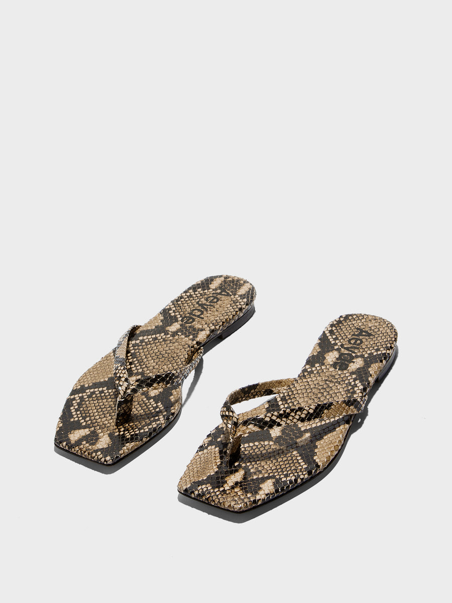 Aeyde | Renee Leather Flat Sandals for Women | Hazelnut Snake | Square Toe | Flat Heel | Luxury Materials | Handmade in Italy