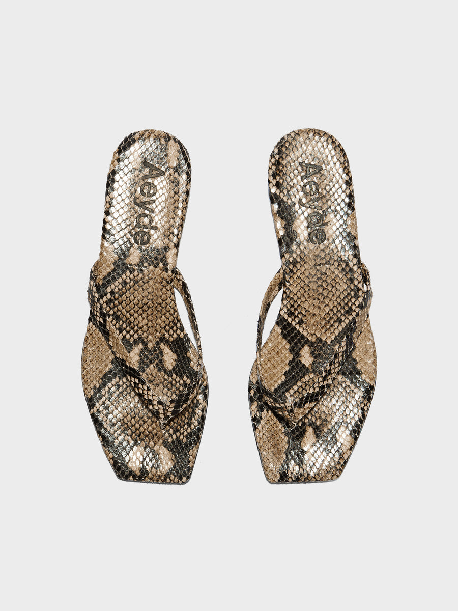 Aeyde | Renee Leather Flat Sandals for Women | Hazelnut Snake | Square Toe | Flat Heel | Front View