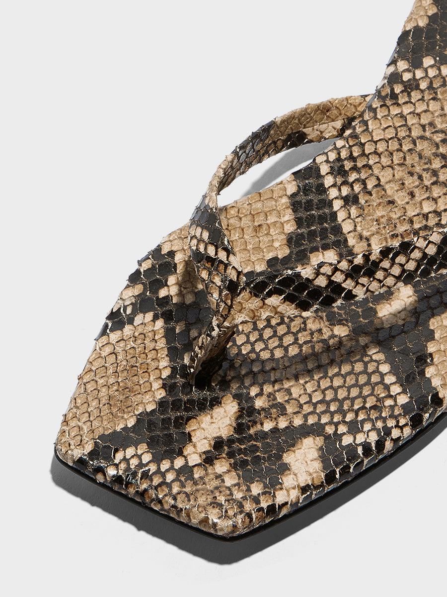 Aeyde | Renee Leather Flat Sandals for Women | Hazelnut Snake | Square Toe | Flat Heel | Heel Details