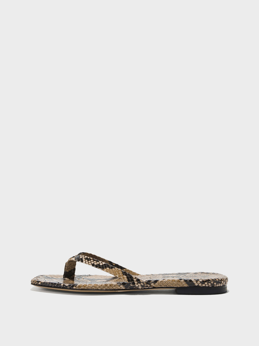 Aeyde | Renee Leather Flat Sandals for Women | Hazelnut Snake | Square Toe | Flat Heel | Side View