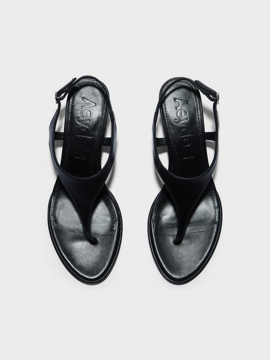 Aeyde | Roose Leather Heeled Sandals for Women | Black Nappa | Round Toe | Mid Heel | Front View