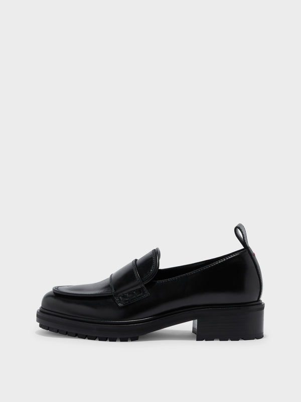 Aeyde | Ruth Leather Loafers Leather Flats, Loafers for Women | Black Calf | Round Toe | Mid Heel | Side View