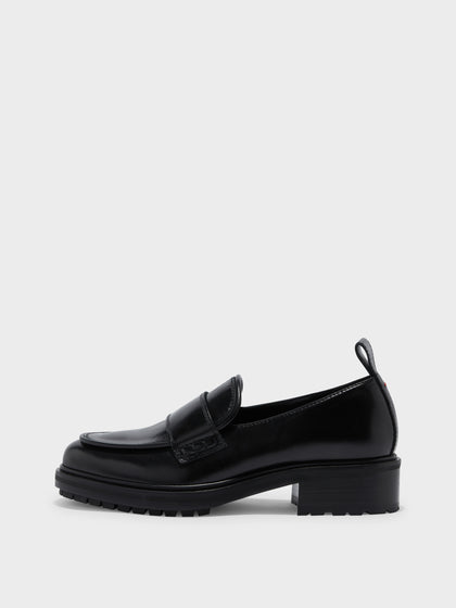 Aeyde | Ruth Leather Loafers Leather Flats, Loafers for Women | Black Calf | Round Toe | Mid Heel | Side View