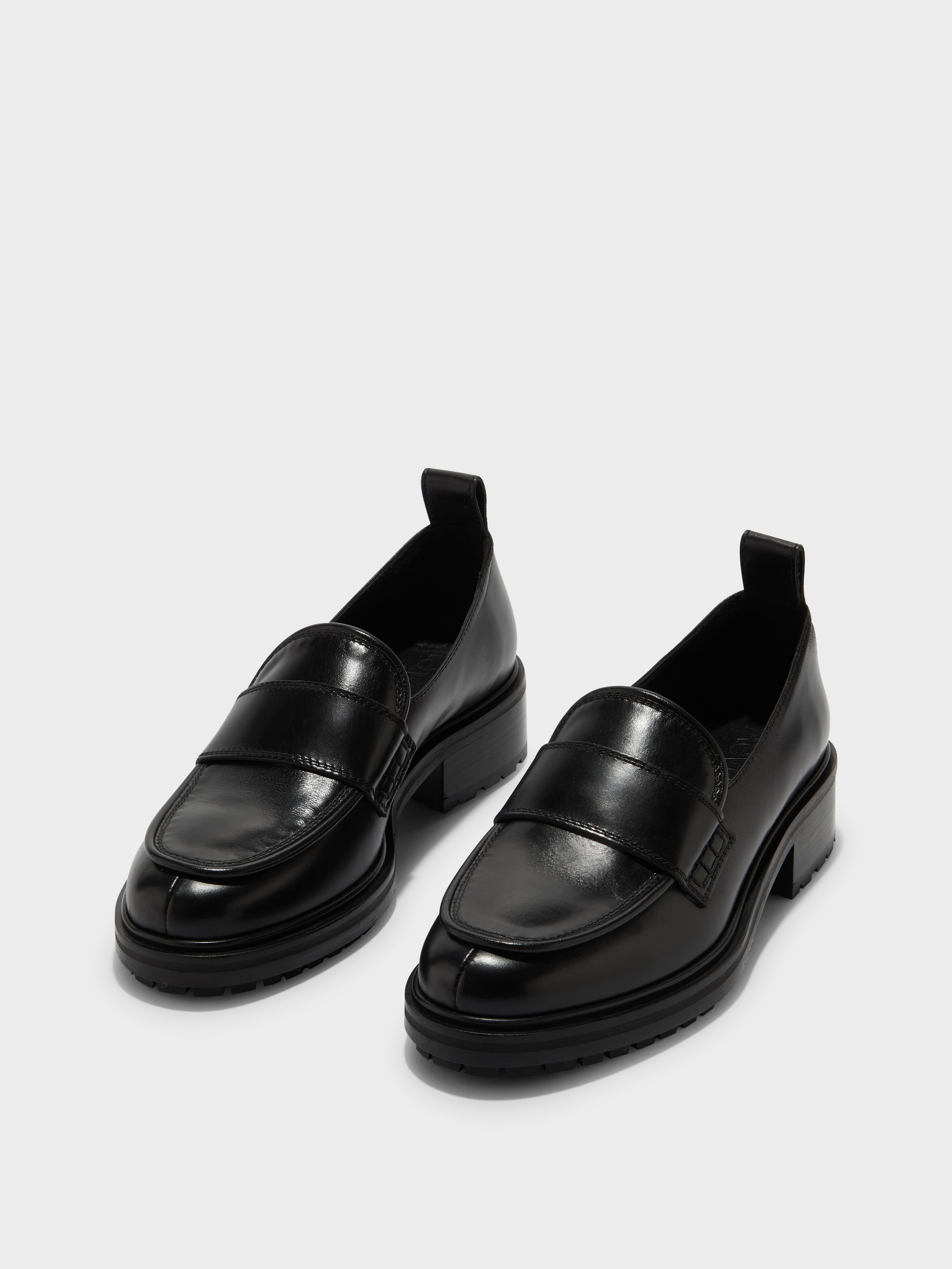 Aeyde | Ruth Leather Loafers Leather Flats, Loafers for Women | Black Calf | Round Toe | Mid Heel | On Feet
