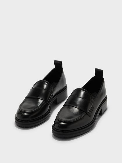 Aeyde | Ruth Leather Loafers Leather Flats, Loafers for Women | Black Calf | Round Toe | Mid Heel | On Feet