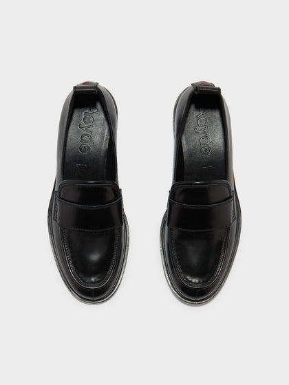 Aeyde | Ruth Leather Loafers Leather Flats, Loafers for Women | Black Calf | Round Toe | Mid Heel | Front View