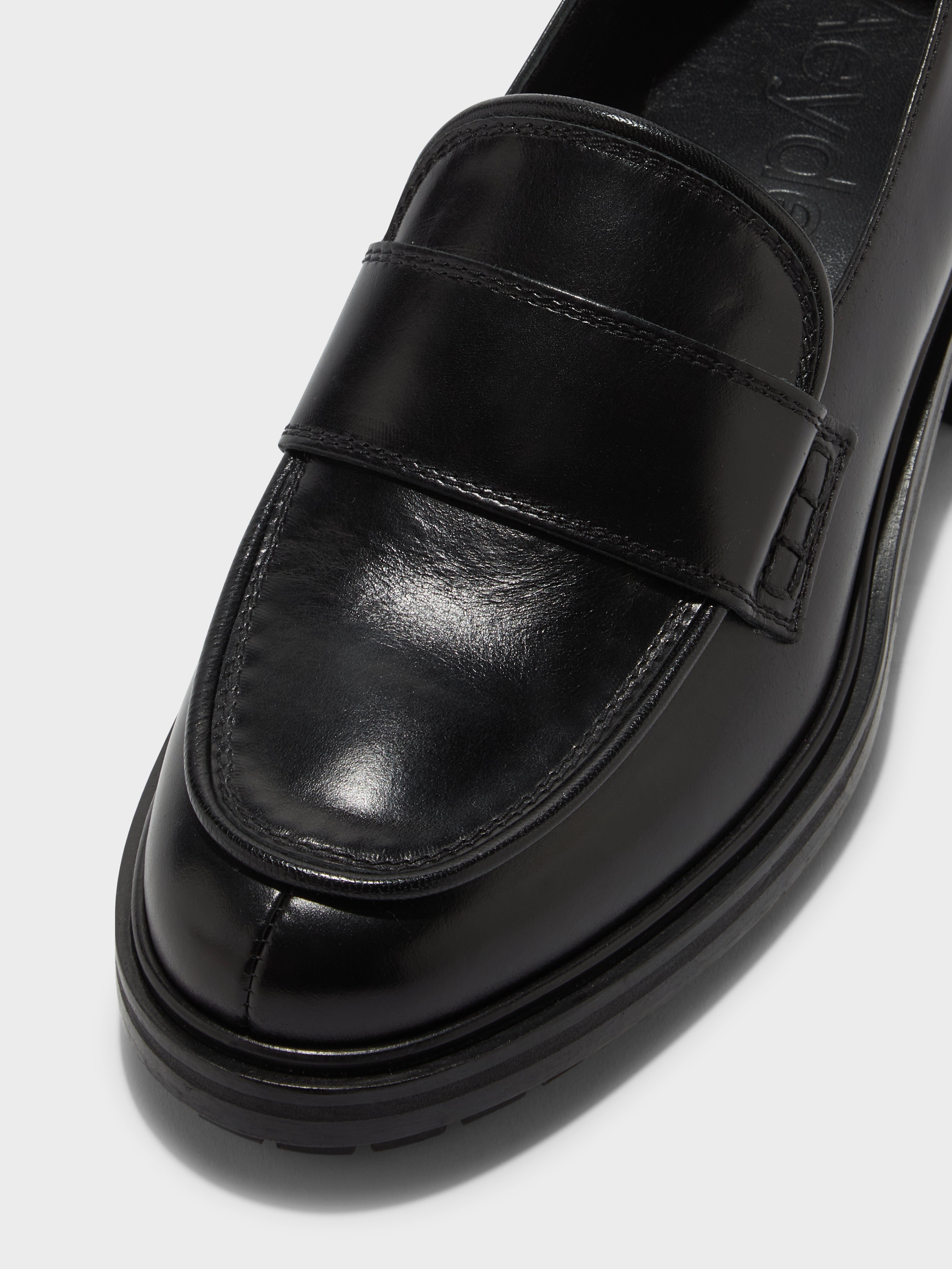 Aeyde | Ruth Leather Loafers Leather Flats, Loafers for Women | Black Calf | Round Toe | Mid Heel | Luxury Materials | Handmade in Italy