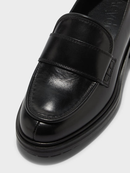 Aeyde | Ruth Leather Loafers Leather Flats, Loafers for Women | Black Calf | Round Toe | Mid Heel | Luxury Materials | Handmade in Italy