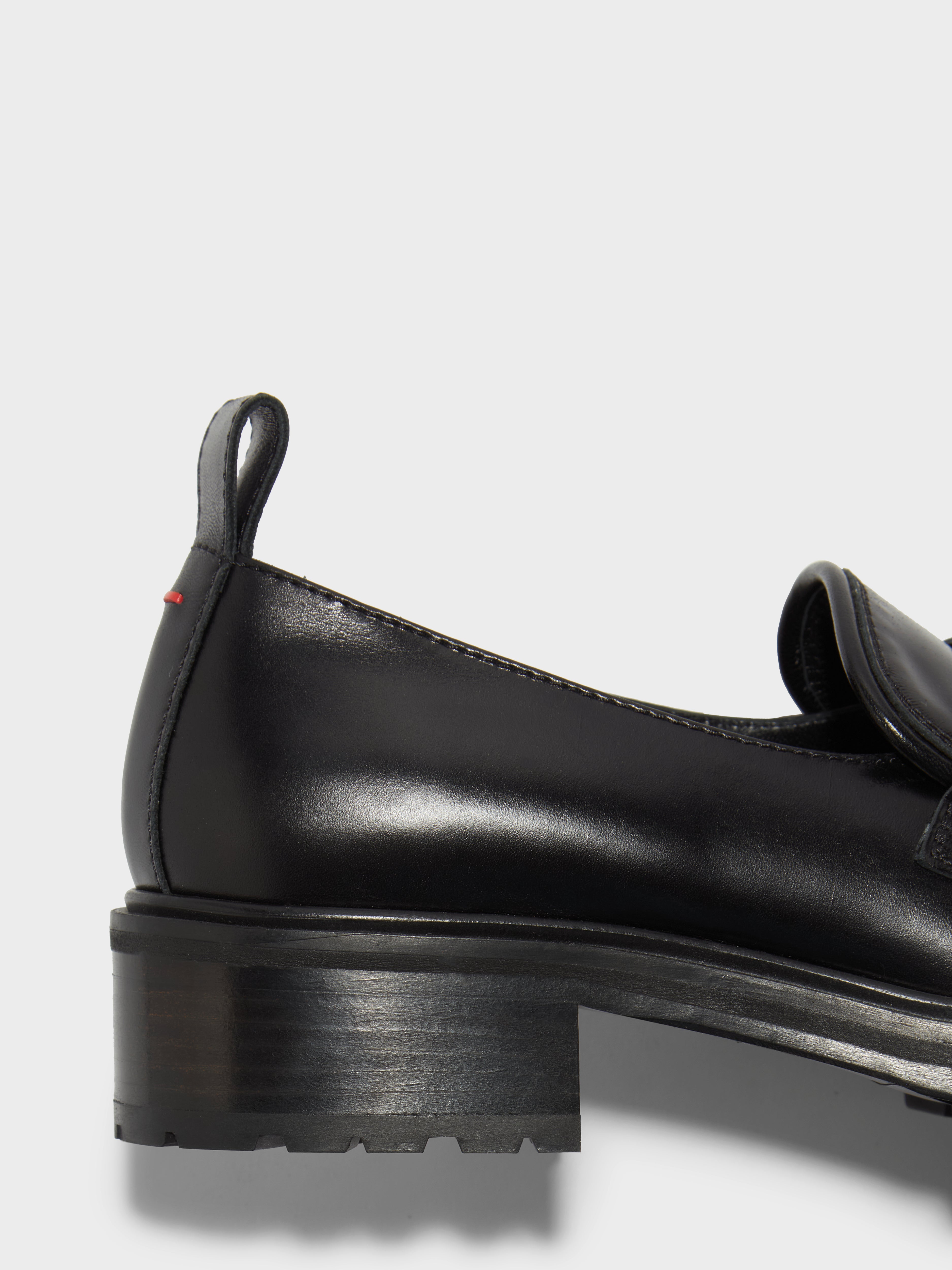Aeyde | Ruth Leather Loafers Leather Flats, Loafers for Women | Black Calf | Round Toe | Mid Heel | Heel Details