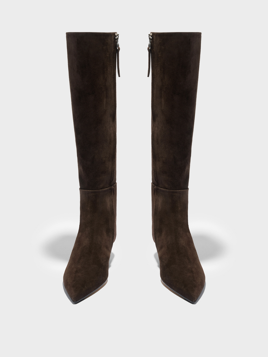 Aeyde | Sabrina Suede Knee-High Boots Leather Knee High Boots for Women | Moka Suede | Pointed Toe | Low Heel | Front View