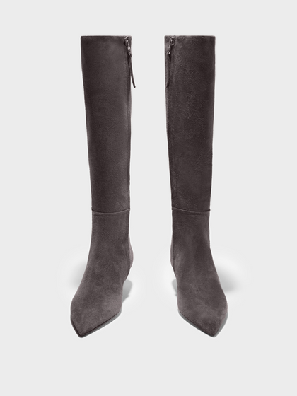 Aeyde | Sabrina Suede Knee-High Boots Leather Knee High Boots for Women | Taupe Suede | Pointed Toe | Low Heel | Front View
