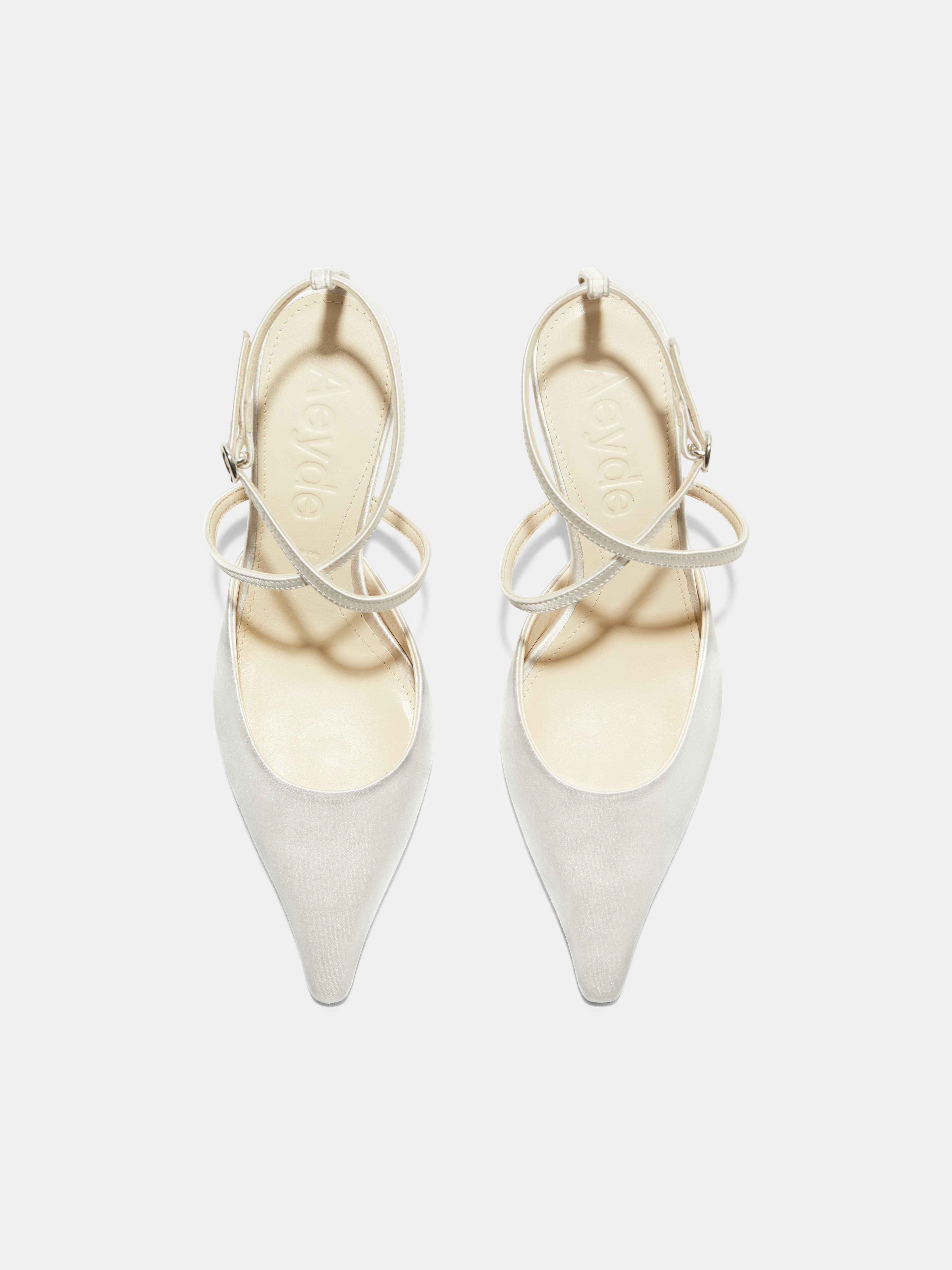 Aeyde | Salome Satin Stiletto Pumps Leather Pumps for Women | Creamy Satin | Pointed Toe | Mid Heel | Front View