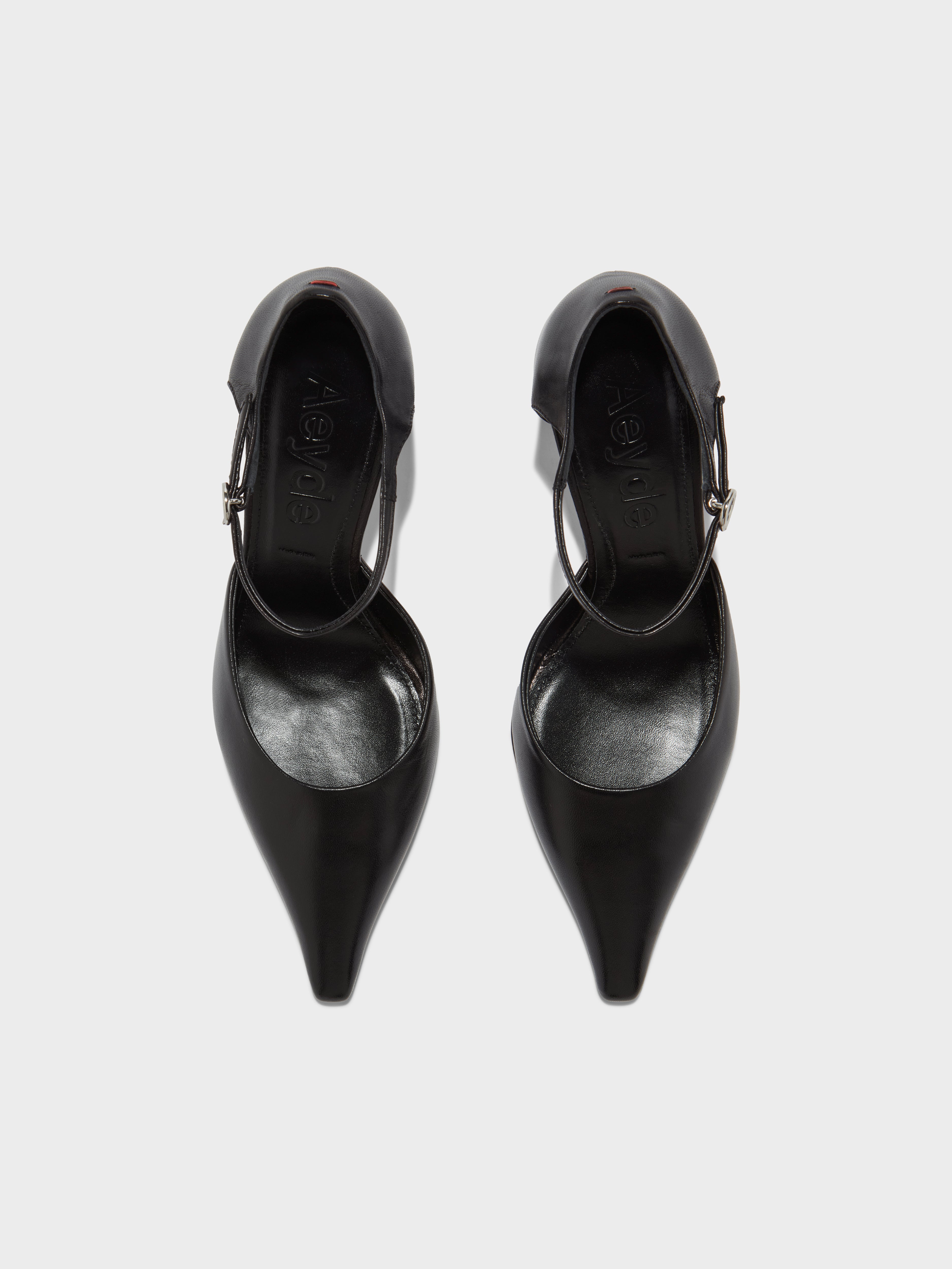 Aeyde | Salvi Leather Ankle Strap Pumps Leather Pumps for Women | Black Nappa | Pointed Toe | High Heel | Front View
