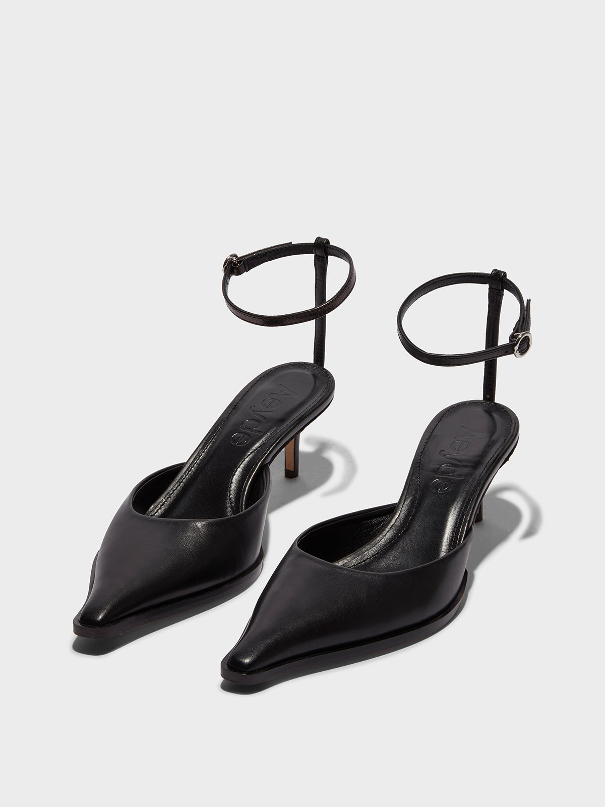 Aeyde | Sarina Leather Ankle-Strap Pumps Leather Pumps for Women | Black Calf | Pointed Toe | Mid Heel | On Feet