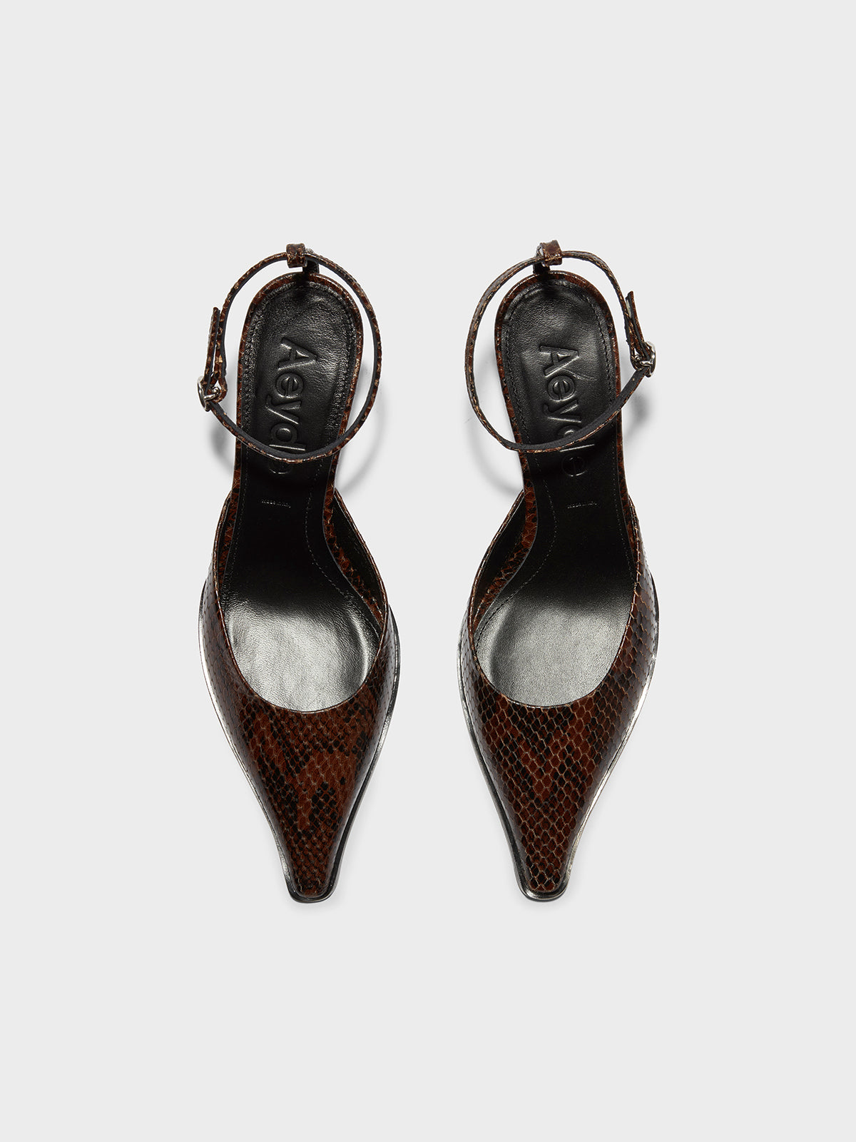 Aeyde | Sarina Leather Ankle-Strap Pumps Leather Pumps for Women | Moka Snake | Pointed Toe | Mid Heel | Front View