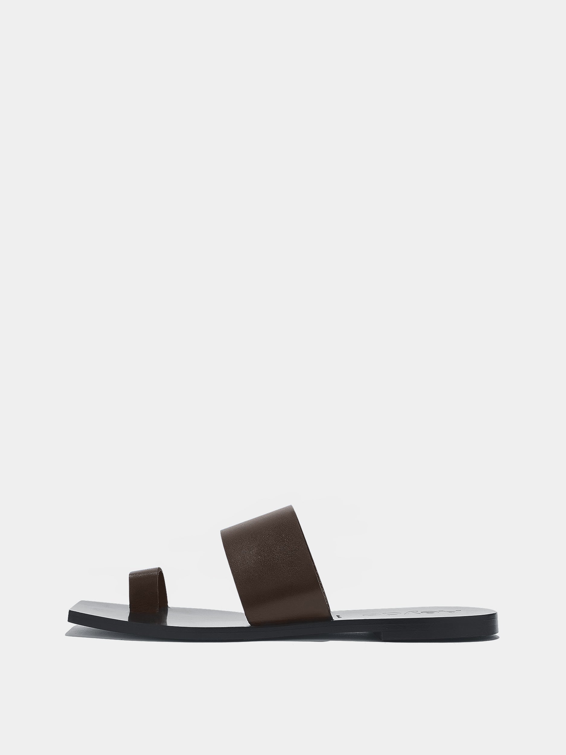 Aeyde | Sibel Leather Flat Sandals for Women | Moka Calf | Square Toe | Flat Heel | Side View