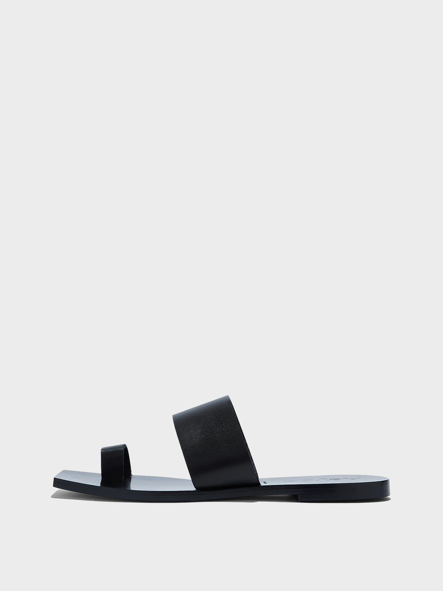 Aeyde | Sibel Leather Flat Sandals for Women | Black Calf | Square Toe | Flat Heel | Side View
