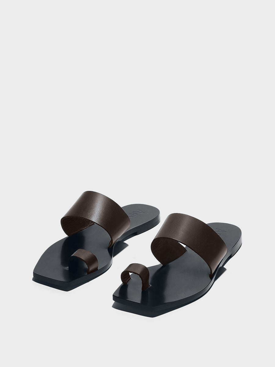 Aeyde | Sibel Leather Flat Sandals for Women | Moka Calf | Square Toe | Flat Heel | Luxury Materials | Handmade in Italy