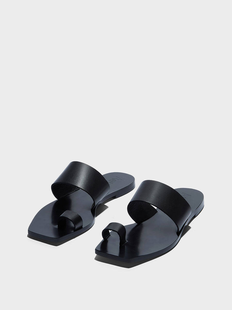 Aeyde | Sibel Leather Flat Sandals for Women | Black Calf | Square Toe | Flat Heel | Luxury Materials | Handmade in Italy