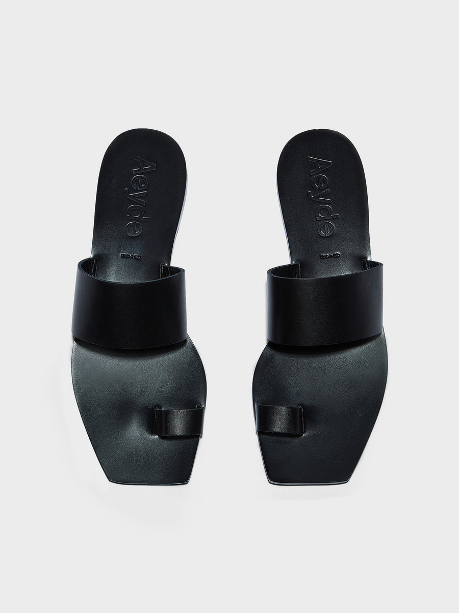 Aeyde | Sibel Leather Flat Sandals for Women | Black Calf | Square Toe | Flat Heel | Front View