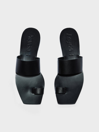 Aeyde | Sibel Leather Flat Sandals for Women | Black Calf | Square Toe | Flat Heel | Front View