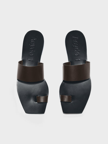 Aeyde | Sibel Leather Flat Sandals for Women | Moka Calf | Square Toe | Flat Heel | Front View