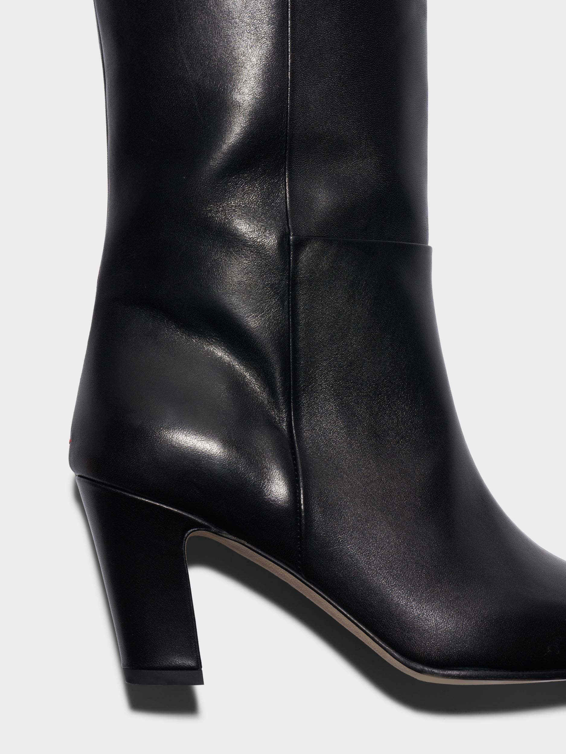 Aeyde | Silva Knee-High Boots Leather Knee High Boots for Women | Black Calf | Square Toe | High Heel | Front View