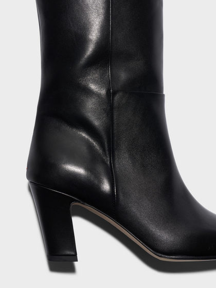Aeyde | Silva Knee-High Boots Leather Knee High Boots for Women | Black Calf | Square Toe | High Heel | Front View
