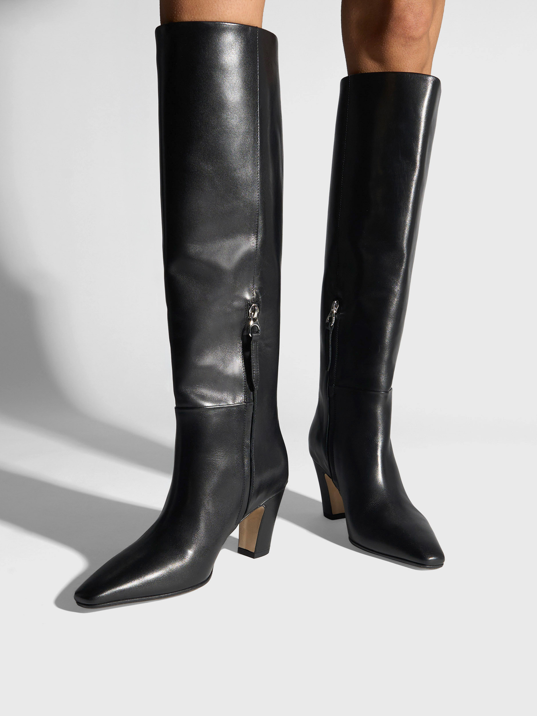 Aeyde | Silva Knee-High Boots Leather Knee High Boots for Women | Black Calf | Square Toe | High Heel | On Feet