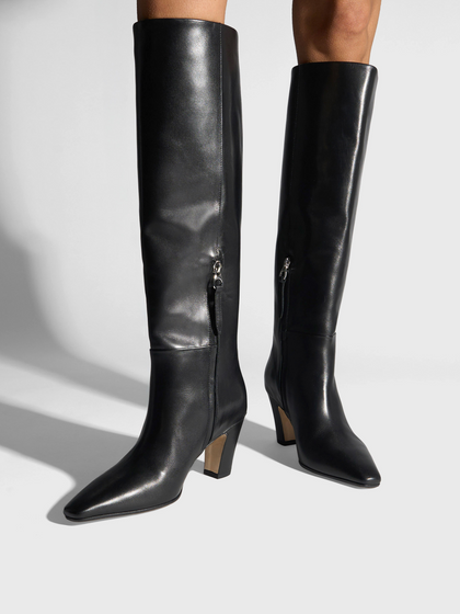 Aeyde | Silva Knee-High Boots Leather Knee High Boots for Women | Black Calf | Square Toe | High Heel | On Feet