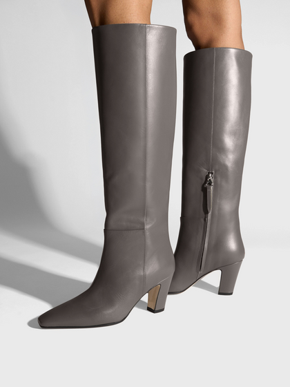 Aeyde | Silva Knee-High Boots Leather Knee High Boots for Women | Taupe Calf | Square Toe | High Heel | On Feet