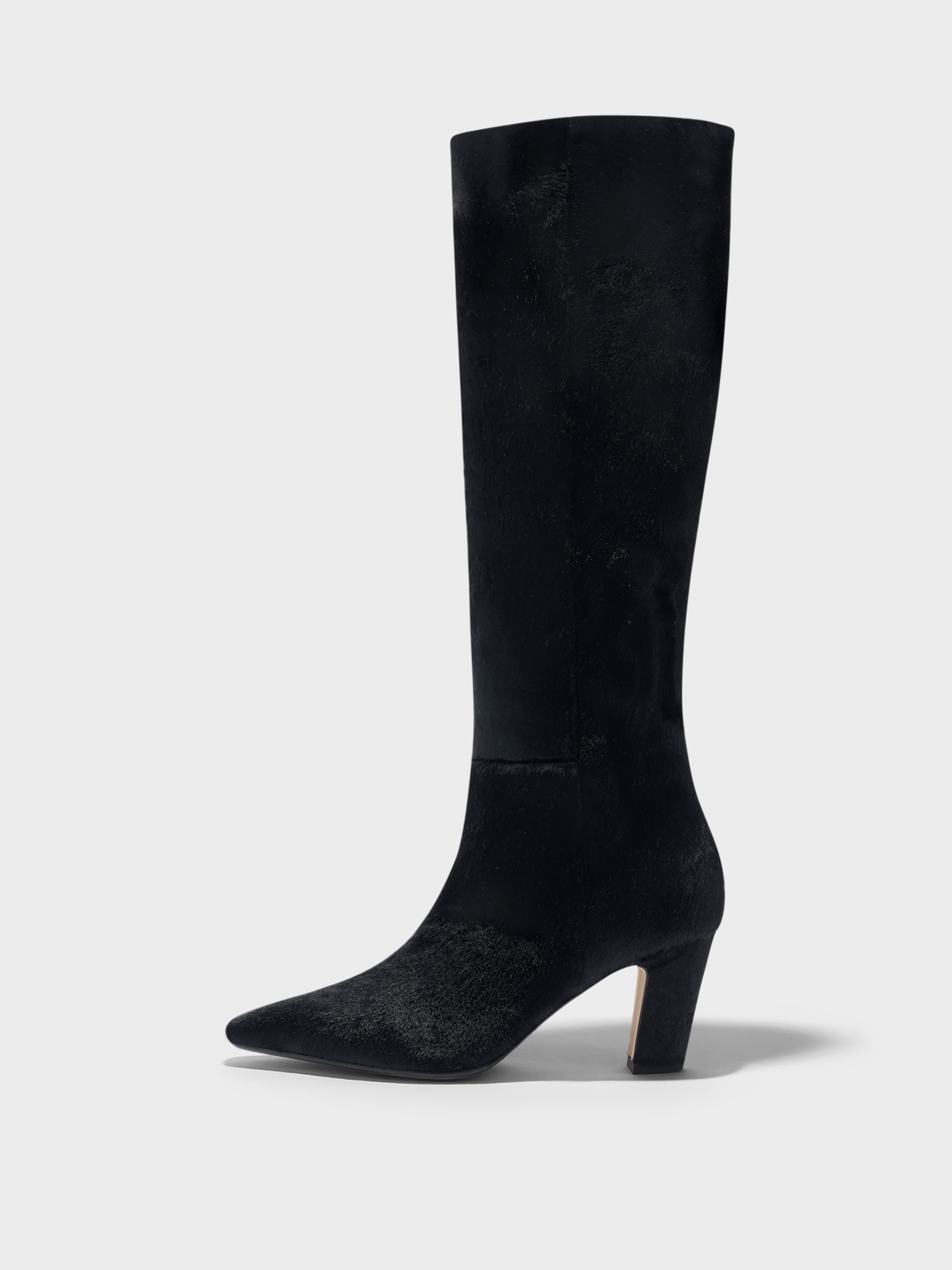 Aeyde | Silva Knee-High Boots Leather Knee High Boots for Women | Black Ponyhair | Square Toe | High Heel | Side View