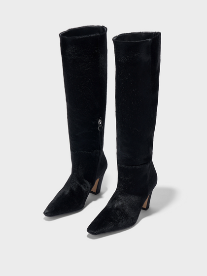 Aeyde | Silva Knee-High Boots Leather Knee High Boots for Women | Black Ponyhair | Square Toe | High Heel | On Feet