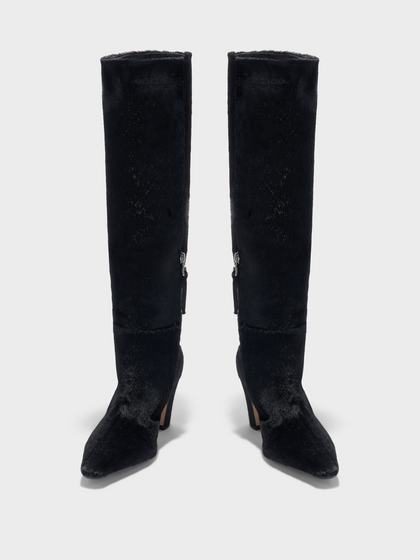 Aeyde | Silva Knee-High Boots Leather Knee High Boots for Women | Black Ponyhair | Square Toe | High Heel | Heel Details