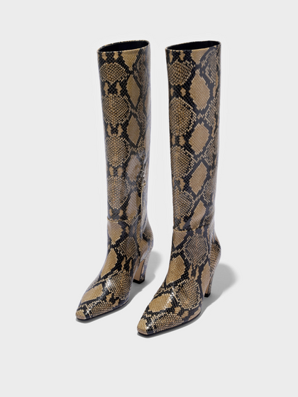 Aeyde | Silva Knee-High Boots Leather Knee High Boots for Women | Hazelnut Snake | Square Toe | High Heel | Luxury Materials | Handmade in Italy