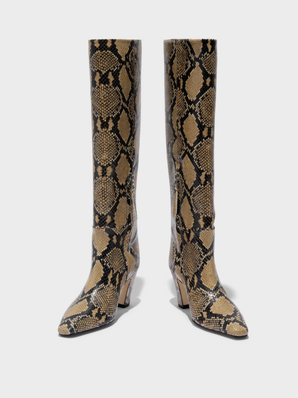 Aeyde | Silva Knee-High Boots Leather Knee High Boots for Women | Hazelnut Snake | Square Toe | High Heel | Front View