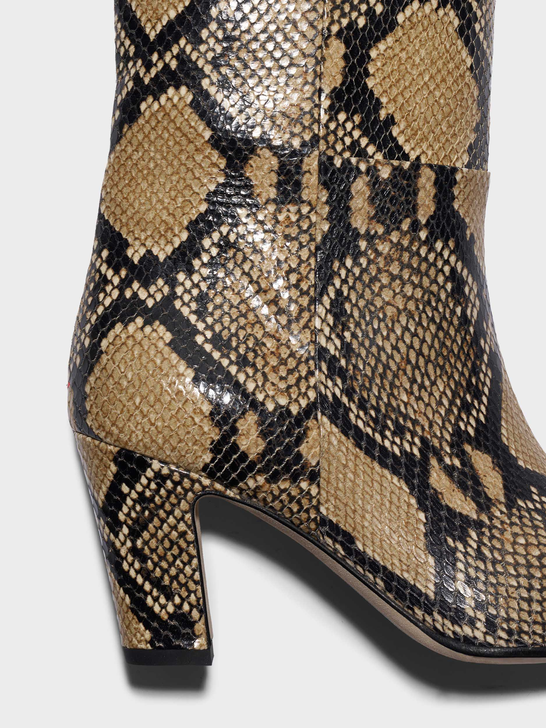 Aeyde | Silva Knee-High Boots Leather Knee High Boots for Women | Hazelnut Snake | Square Toe | High Heel | Heel Details