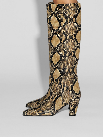 Aeyde | Silva Knee-High Boots Leather Knee High Boots for Women | Hazelnut Snake | Square Toe | High Heel | How to Style