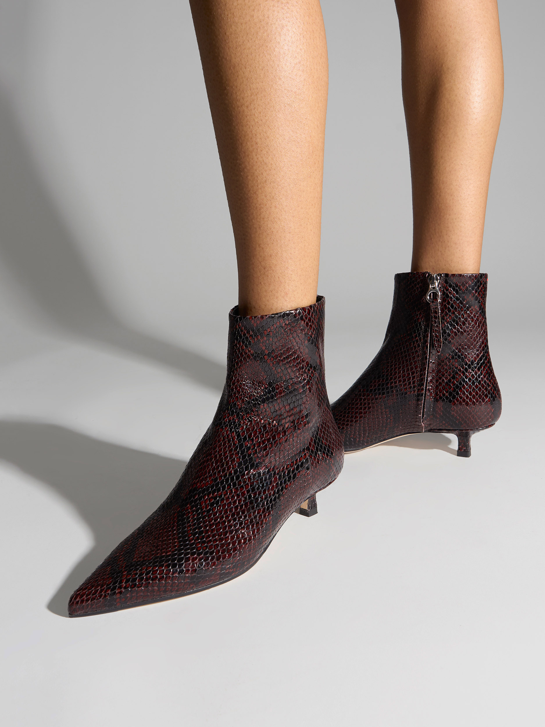 Aeyde | Sofie Leather Ankle Boots Leather Ankle Boots for Women | Port Snake | Pointed Toe | Low Heel | On Feet