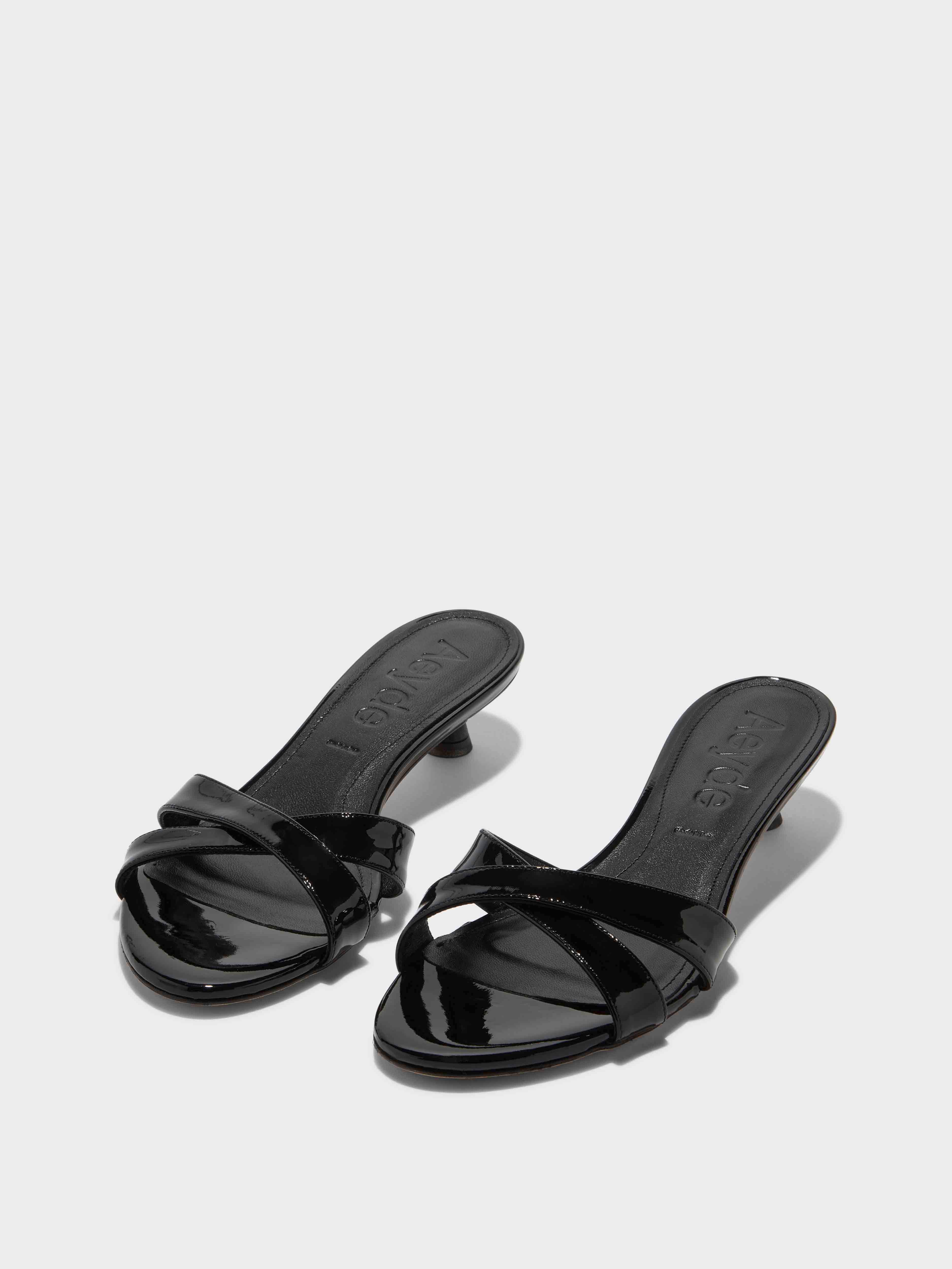 Aeyde | Stina Leather Kitten-Heel Sandals Leather Heeled Sandals, Mule for Women | Black Patent | Round Toe | Low Heel | On Feet