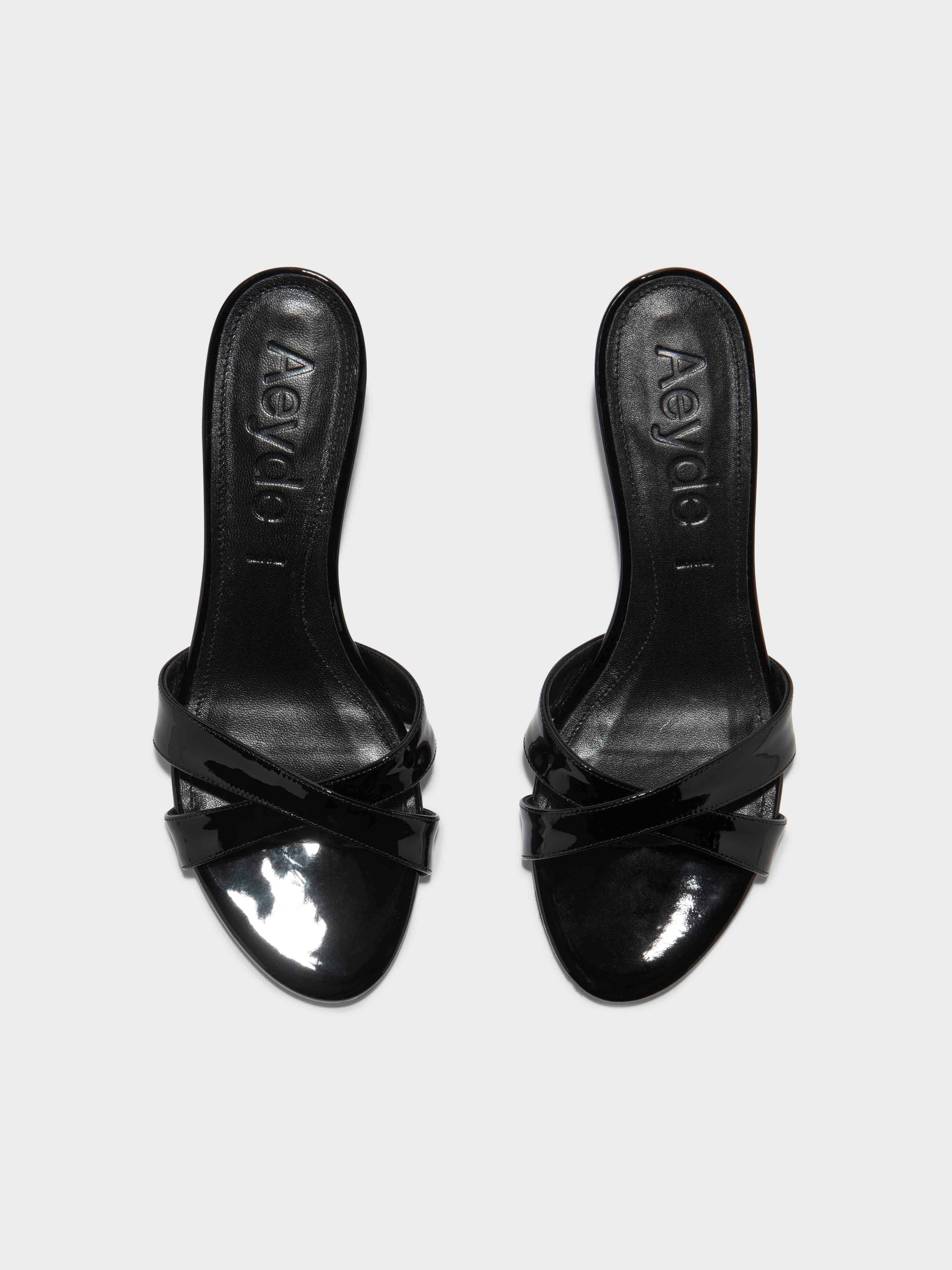 Aeyde | Stina Leather Kitten-Heel Sandals Leather Heeled Sandals, Mule for Women | Black Patent | Round Toe | Low Heel | Front View