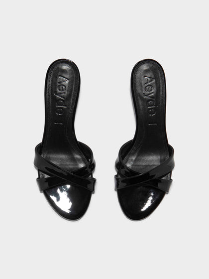 Aeyde | Stina Leather Kitten-Heel Sandals Leather Heeled Sandals, Mule for Women | Black Patent | Round Toe | Low Heel | Front View
