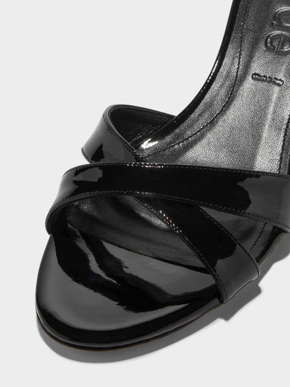 Aeyde | Stina Leather Kitten-Heel Sandals Leather Heeled Sandals, Mule for Women | Black Patent | Round Toe | Low Heel | Luxury Materials | Handmade in Italy