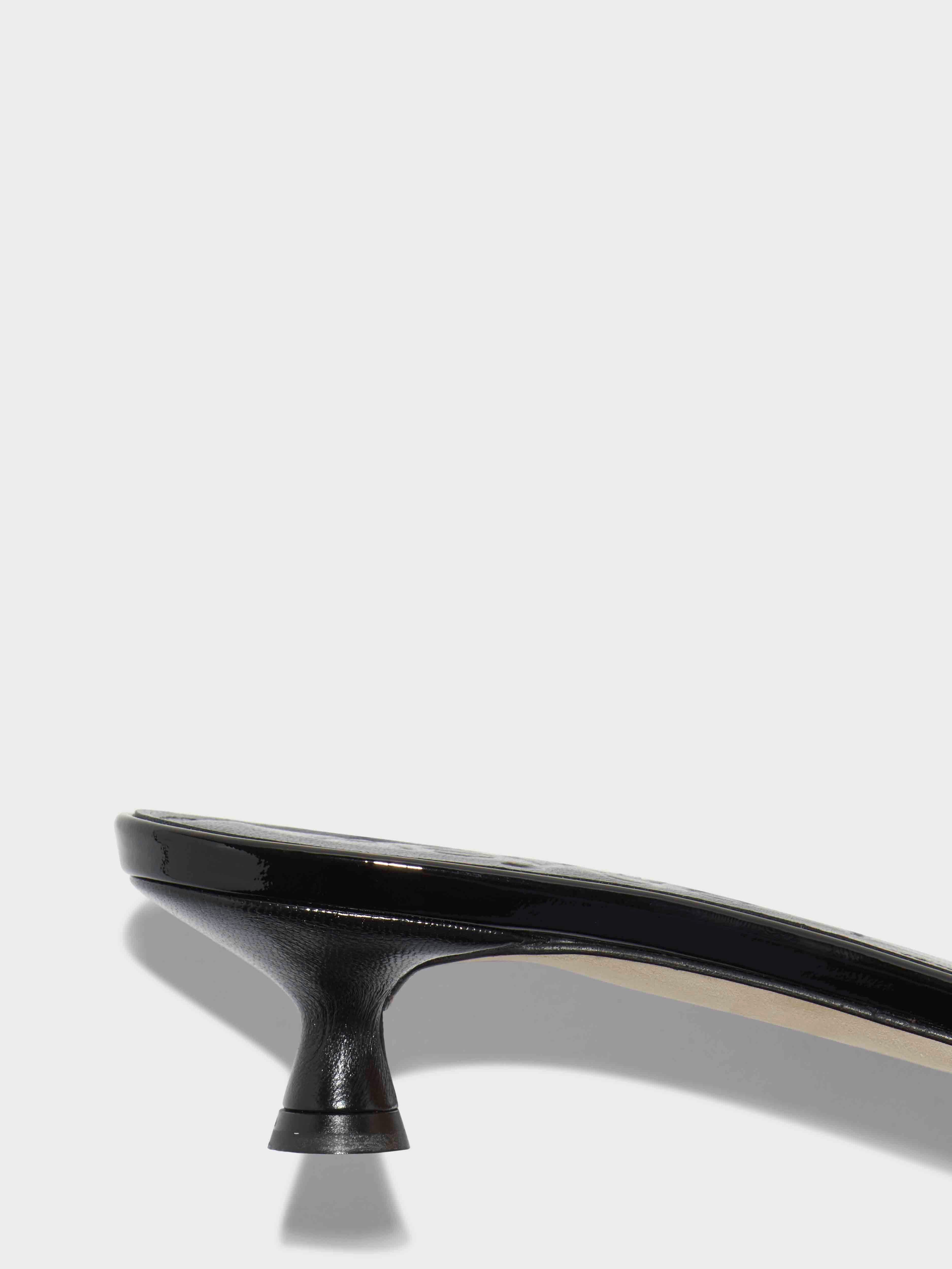 Aeyde | Stina Leather Kitten-Heel Sandals Leather Heeled Sandals, Mule for Women | Black Patent | Round Toe | Low Heel | Heel Details