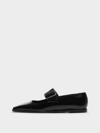 Aeyde | Sunny Leather Mary-Jane Flats Leather Flats for Women | Black Polido | Square Toe | Flat Heel | Side View