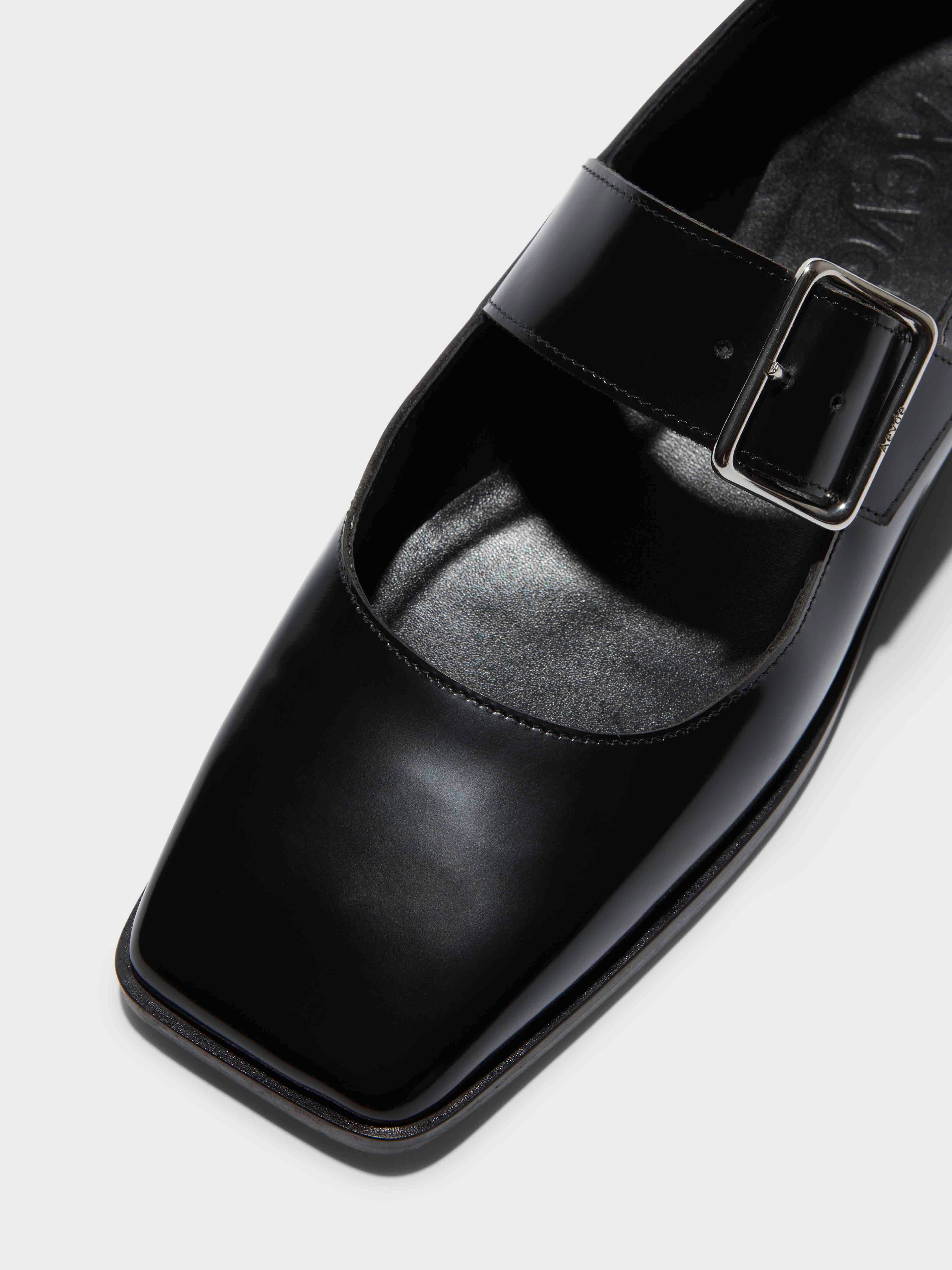 Aeyde | Sunny Leather Mary-Jane Flats Leather Flats for Women | Black Polido | Square Toe | Flat Heel | Luxury Materials | Handmade in Italy