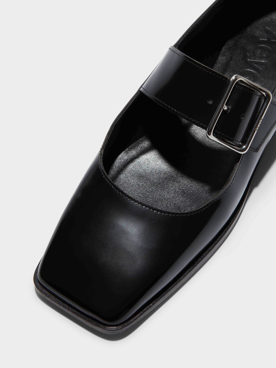 Aeyde | Sunny Leather Mary-Jane Flats Leather Flats for Women | Black Polido | Square Toe | Flat Heel | Luxury Materials | Handmade in Italy